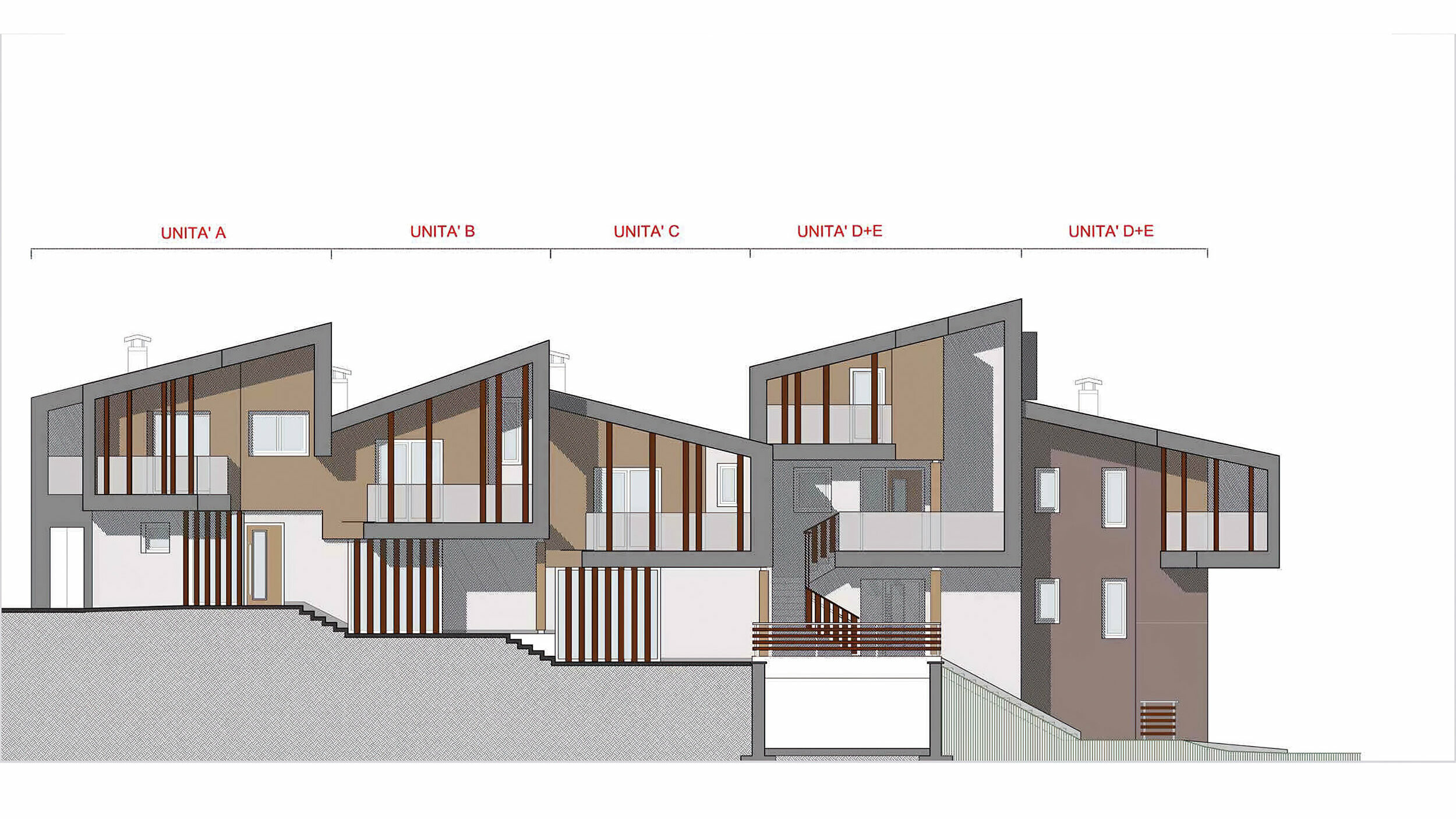 Technische Zeichnung eines modernen Wohnkomplexes mit verschiedenen Wohneinheiten, gekennzeichnet durch abwechslungsreiche Fassaden in Braun- und Grautönen, große Fensterflächen mit Holzverkleidung und klaren Linien, die eine harmonische Verbindung zur umgebenden Landschaft herstellen.