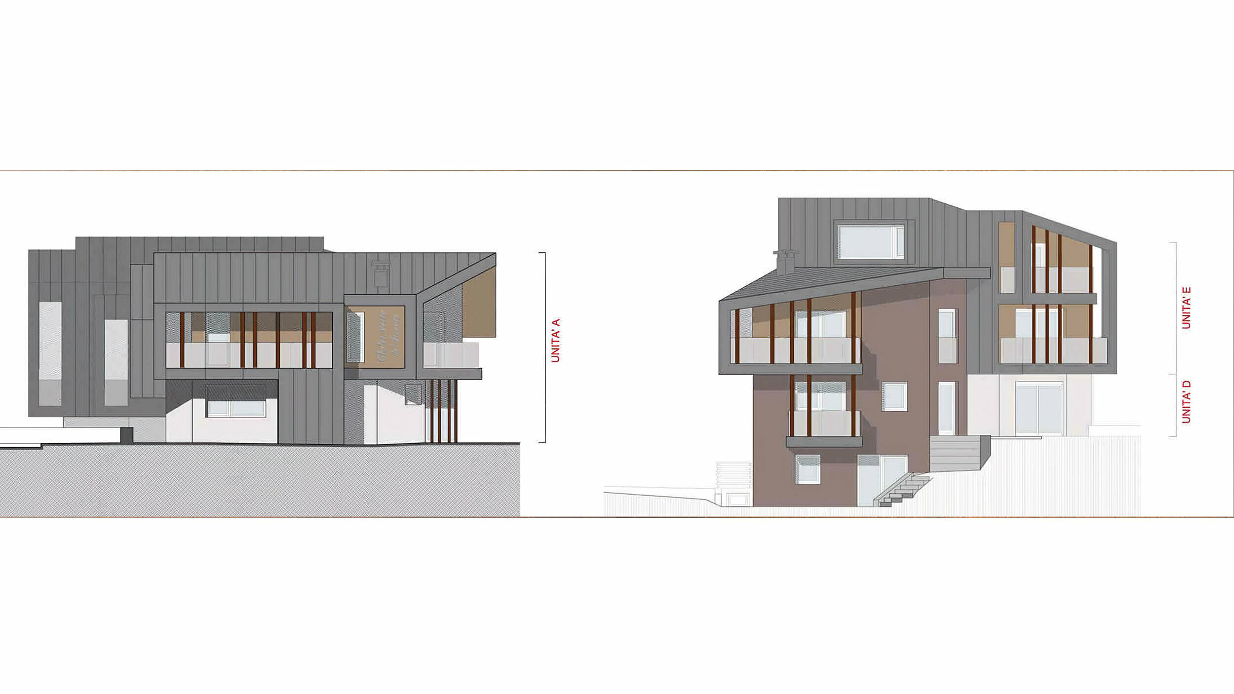 Architekturzeichnung eines mehrstöckigen Wohngebäudes mit versetzten Ebenen, dargestellt in Seiten- und Vorderansicht. Die Struktur kombiniert dunkelgraue und braune Farbtöne, mit markanten Holzakzenten um die Fensterbereiche, was die moderne Ästhetik und das dynamische Design unterstreicht.