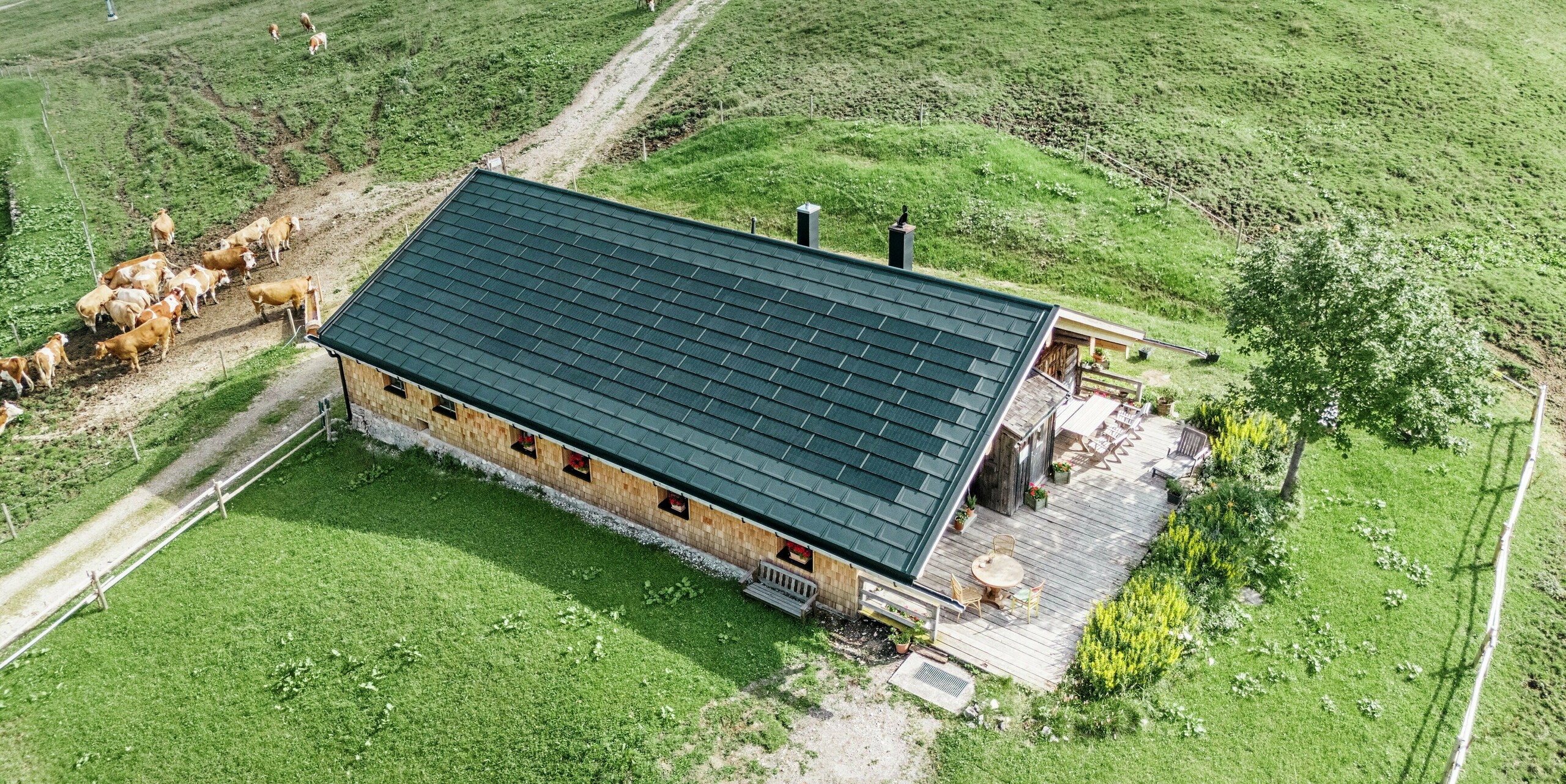 Vogelperspektive der Birkehütte auf der Walleralm, Bayrischzell, mit neuer Dacheindeckung aus PREFA Dachplatten R.16 in P.10 Schwarz und PREFA Solardachplatten. Die traditionelle Holzhütte mit gemütlicher Terrasse fügt sich perfekt in die grüne Berglandschaft ein. Auf den umliegenden Wiesen grasen friedlich die Kühe, während das innovative Dachsystem die nachhaltige Energiegewinnung unterstützt und gleichzeitig robusten Wetterschutz bietet.